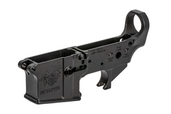 Sons of Liberty Gun Works AR-15 stripped lower receiver with Scalper engraving on the mag well